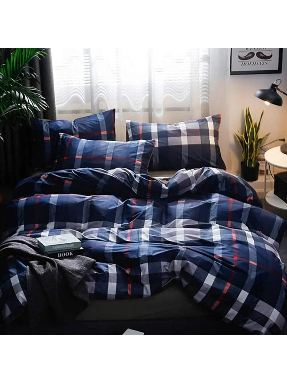 Navy Blue Plaid Comforter Set Full - Vintage Buffalo Check Bedding for Teen Boys